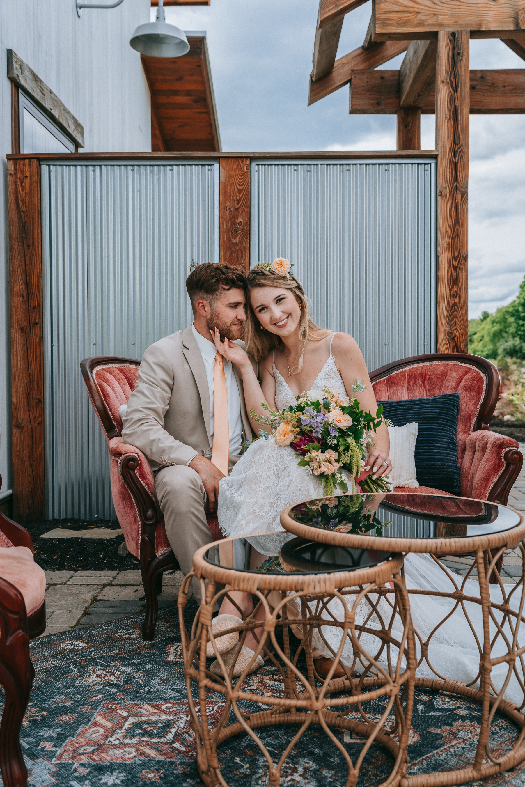 boho bride and groom | Summer wildflower wedding inspiration | Wren's Roost Barn venue styled shoot | Finger Lakes New York wedding planner